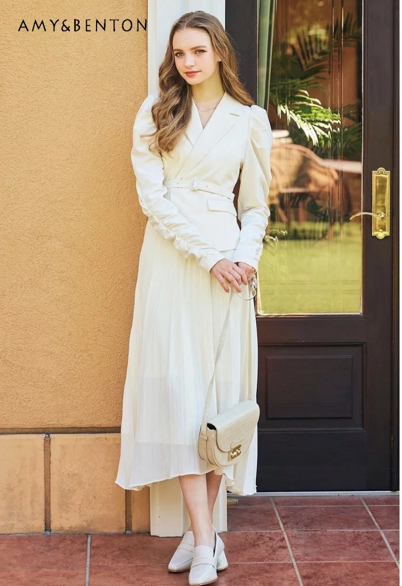 

Spring and Summer New Commute Style Elegant Mid-calf Pleated Dress Elegant Gentle Slim Suit Stitching Pleated Dress for Women