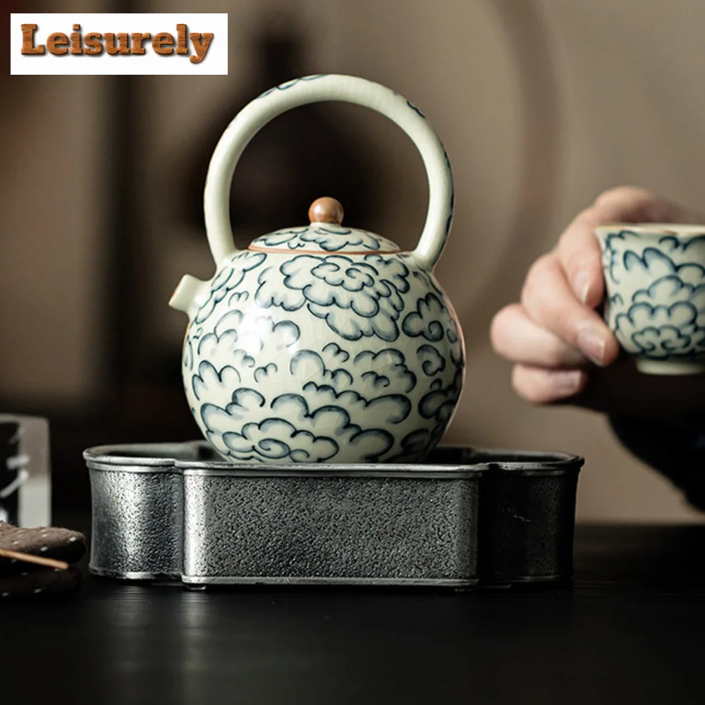 240ml Chinese Ru Porcelain Lifting Beam Teapot Boutique Auspicious Clouds Pot Tea Soaking Kettle Puer Tea Ceremony Ornaments