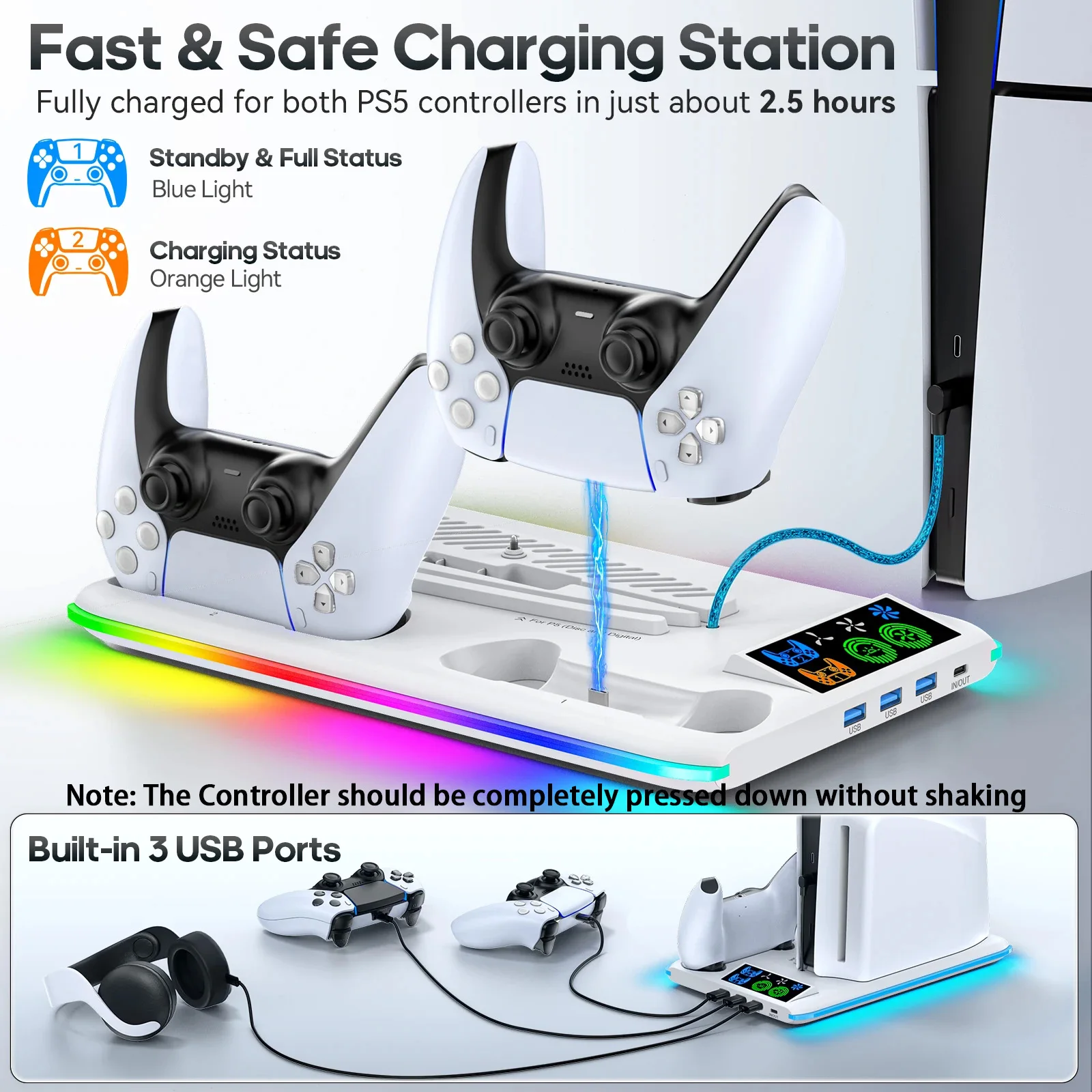 NEW HA-8008 for PS5Slim host Multi functional Cooling Base for PS5 Slim Controller Dual Charging Stand bracket Storage RGB light