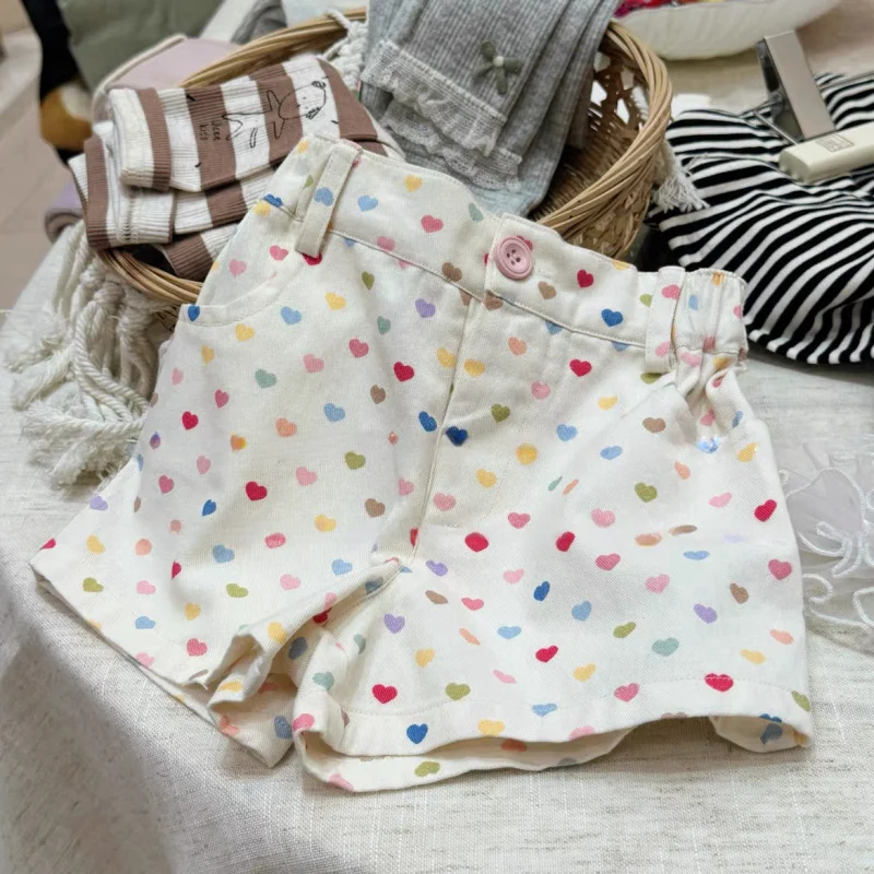 Girls2024Summer New Fashion Heart Printing Shorts Baby Girl Western Style Leisure Hot Pants Pants