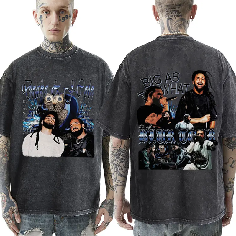 

Rapper Drake J Cole T Shirt Hip Hop Gothic Vintage Washing Short Sleeve T-shirt Men Women Clothes Summer Cotton Wash T-shirts