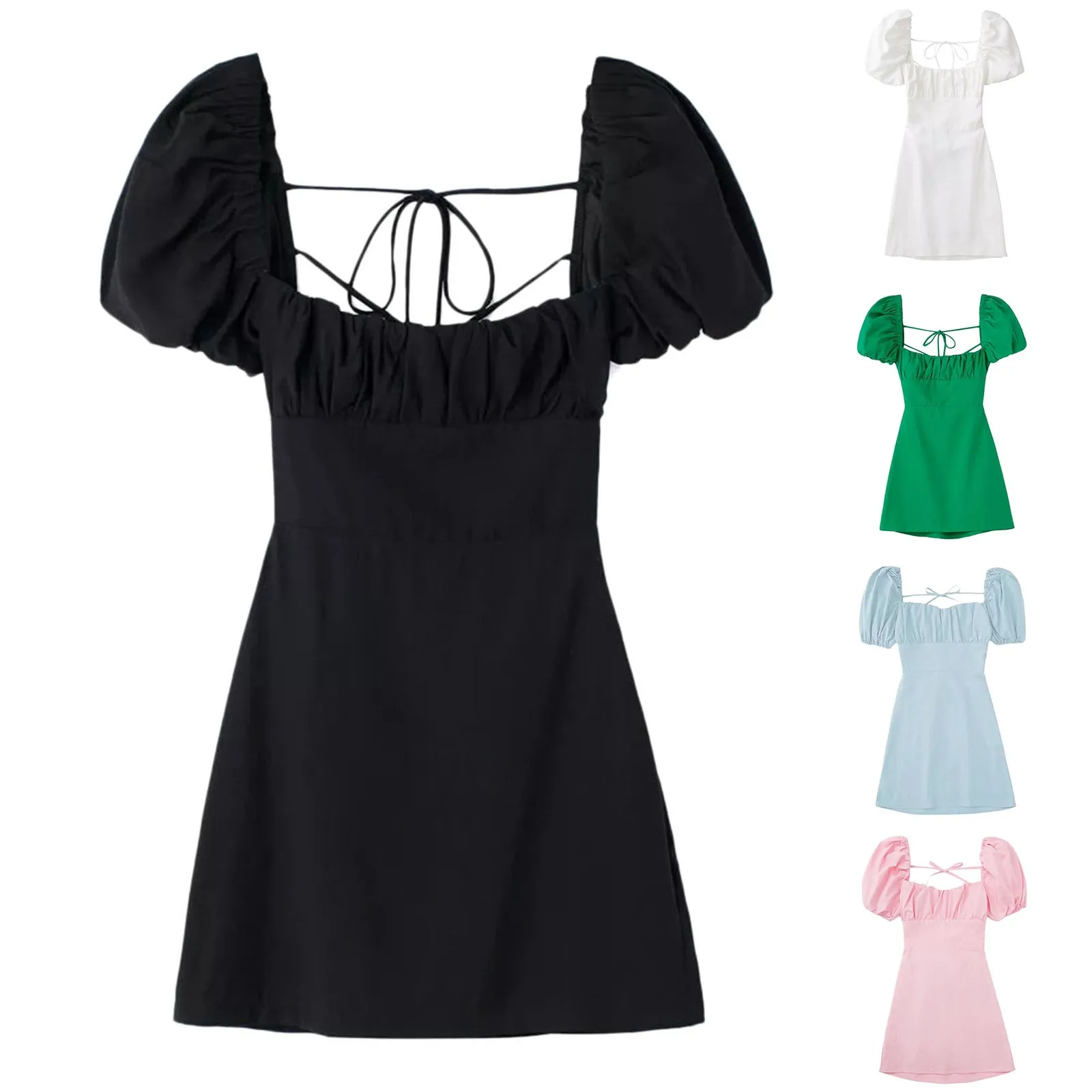 

2024 Summer Women White Dress Backless Puff Short Sleeve Ladies Sundress Mini Dress