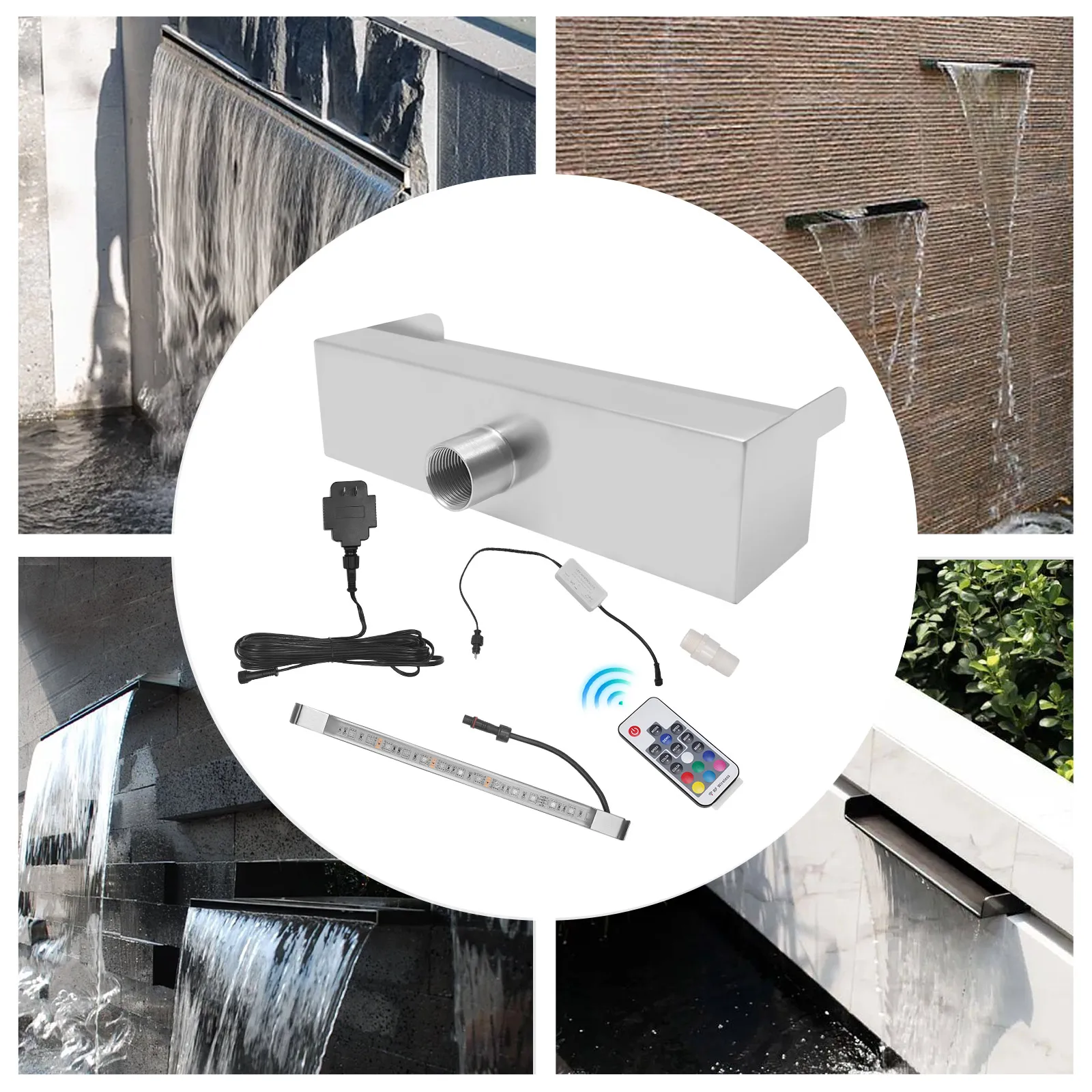 LED Waterfall Spillway Pool Waterfall Fountain 7-Color RGB Lighting, Remote Control, 304 Stainless Steel for Ponds & Gardens