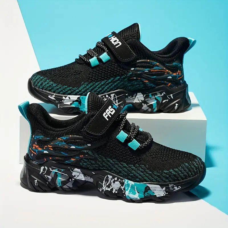 Boy Trendy Street Style Woven Knit Breathable Sneakers Comfy Non Slip Soft Sole Hook & Loop Fastener Shoes For Kids Outdoor