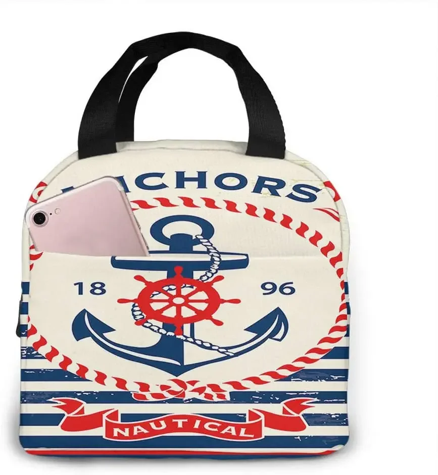 

Сумка для ланча с якорем, морские якоря океана, волнистые полосы, морской корабль, морская веревка, сумки-тоуты, многоразовая Изолированная Термосумка для ланча