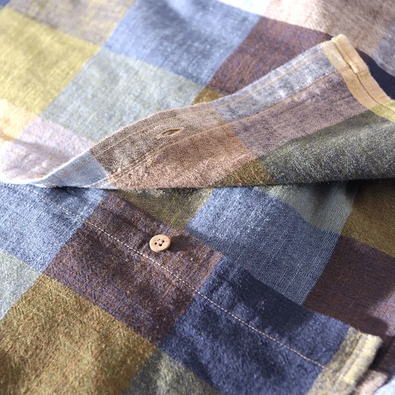 2023 Spring Autumn Turn-down Collar Long Sleeve Button Plaid Shirt Man Fashion Japanese Style Cotton Hemp Casual All-match Tops