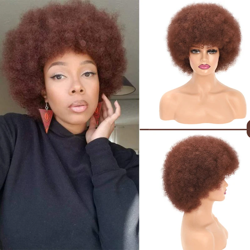 

Short Afro Kinky Curly Wig High Puff Synthetic Hair Wigs with Bangs Natural African Soft Fluffy Cosplay Blond Pink Orange Wig