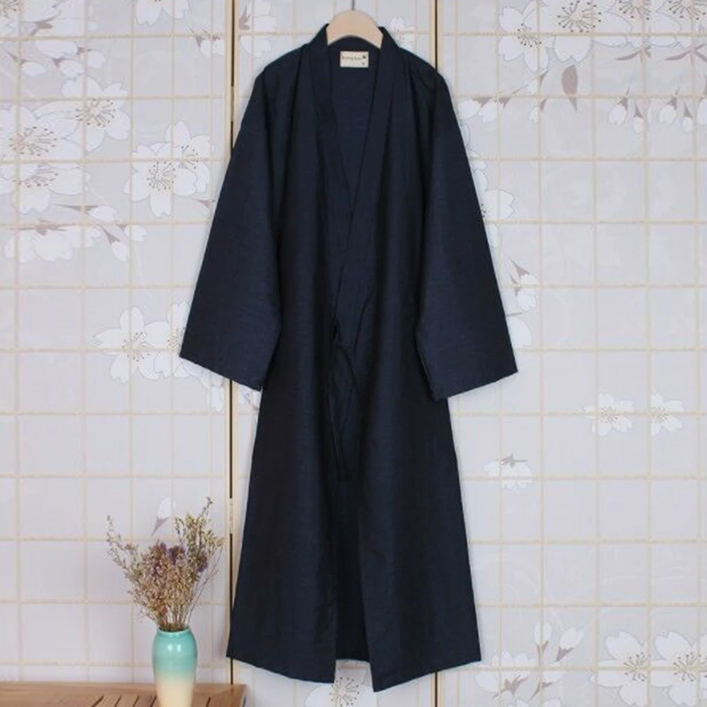 Men Casual Japanese Kimono Yukata Long Sleeve Bathrobe Pajamas Lace-up Belt Cotton Loose Homewear Solid Color Sleeping Robe traditional kawaii style kimono robe bathrobe women yukata costumes pajamas belt japanese sexy babydolls cosplay dressing gowns