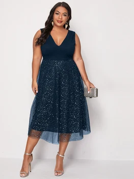 Plus Size 4XL Dress for Women Blue Elegant Midi Curvy Chiffon Clothing 2022 Summer Autumn Ladies Cocktail Evening Party Dresses 1