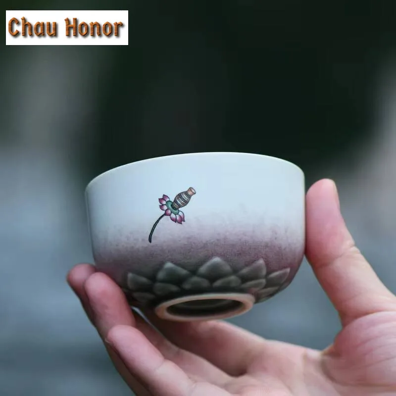 110ml Chinese Dunhuang Mural Lotus Ceramic Teacup Antique Kiln Change Glaze Tea Bowl Creative Lotus Throne Master Cup Tea Pair