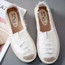  Womens Flat Slip On Canvas Summer Strap Loafers Straw Espadrilles 2022 Ladies Casual Comfort Ripped Slip On Lazy Shoes Female 