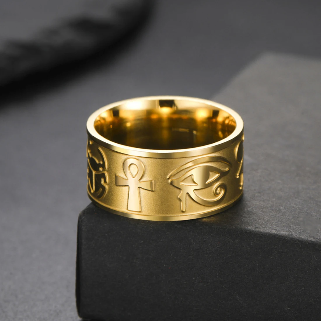 EUEAVAN Mysterious Ancient Egyptian Symbol Ring Stainless Steel Ankh Cross Eye of Horus Sphinx Rings Vintage Amulet Jewelry Gift