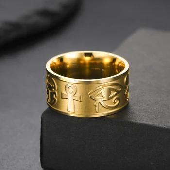 EUEAVAN Mysterious Ancient Egyptian Symbol Ring Stainless Steel Ankh Cross Eye of Horus Sphinx Rings Vintage Amulet Jewelry Gift
