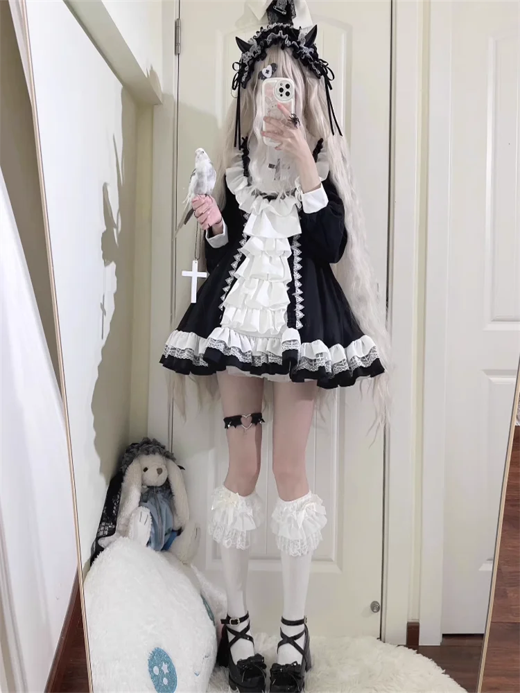 Gothic Nun Style Lolita Short Black Dress Princess Lolita Cute Fluffy Cos Loli Tea Party Dress