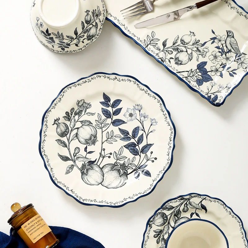 Retro Ceramic Plate Set European Hand Painted Flowers Desktop Dinner Set Plates and Dishes Wedding Center Fruit Salad Plates
