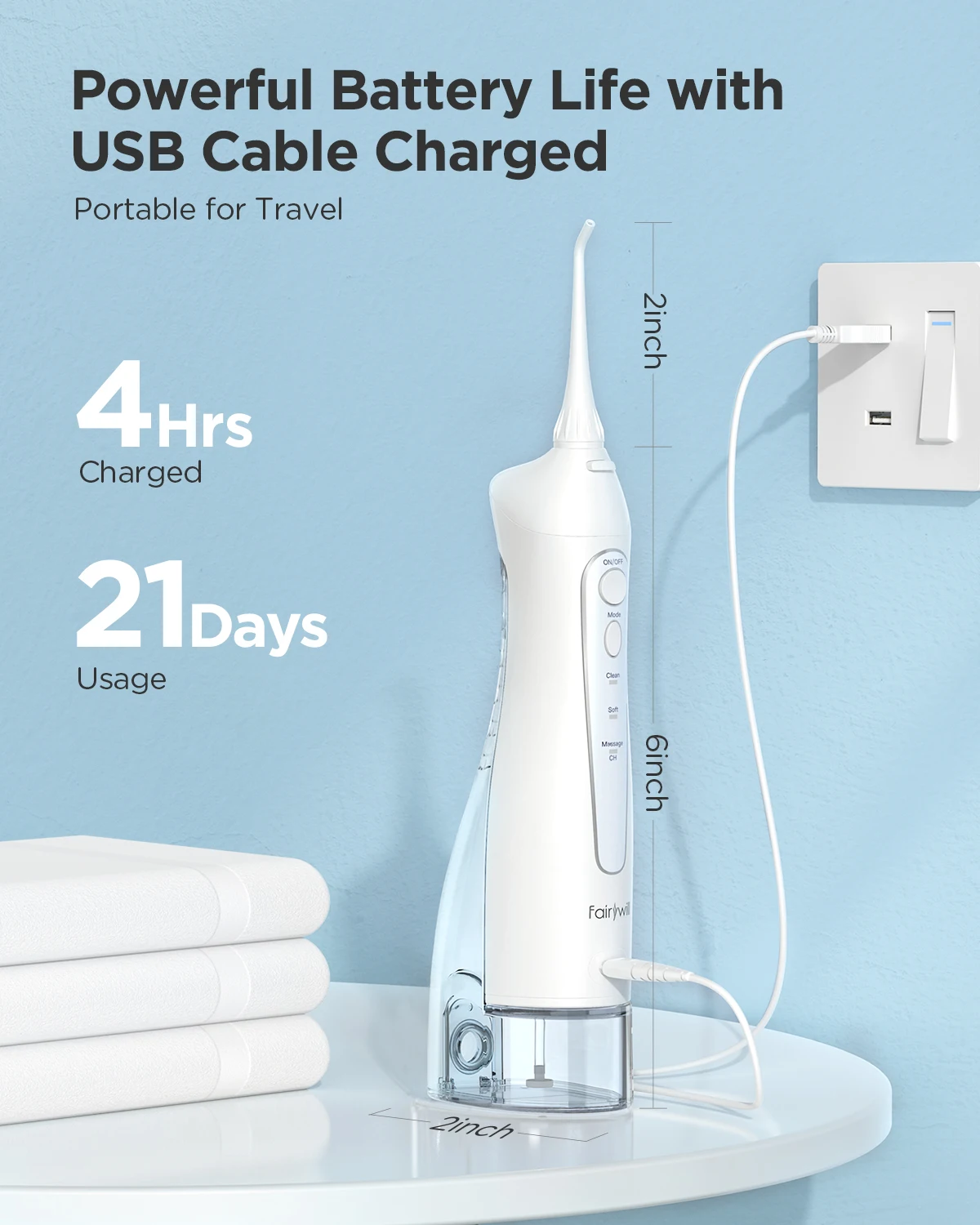 Fairywill Elektrische tragbare Zahnwasserflosser Munddusche USB wiederaufladbar wasserdicht 3 Modi Jet Zahnstocher 7 Tipps Reiniger – Detail 13