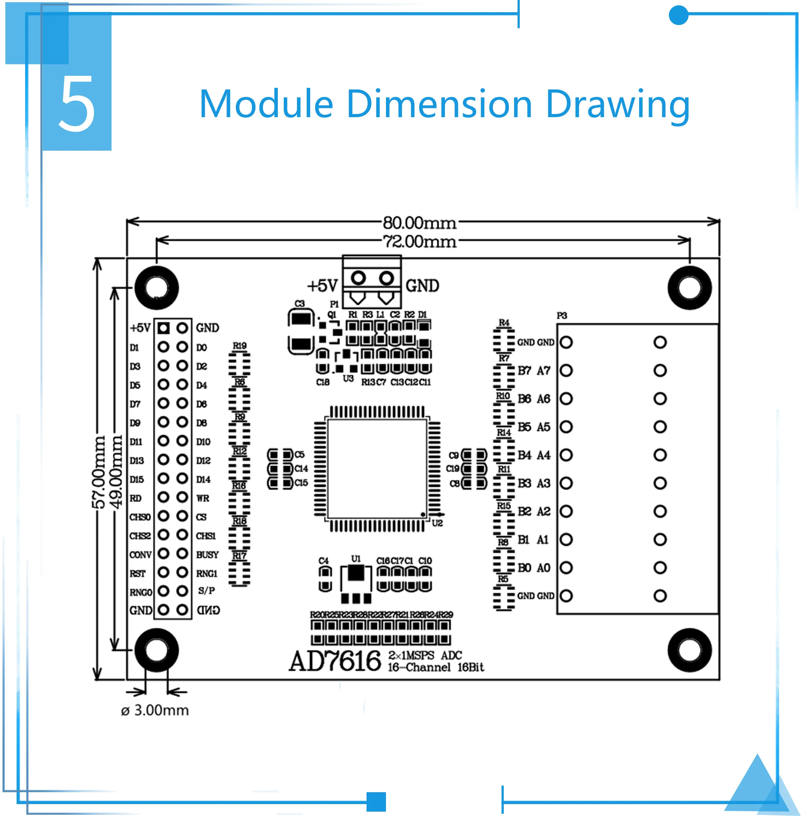 AD7616 analog-to-digital conversion module, 16-bit, 16-channel, high-speed ADC d
