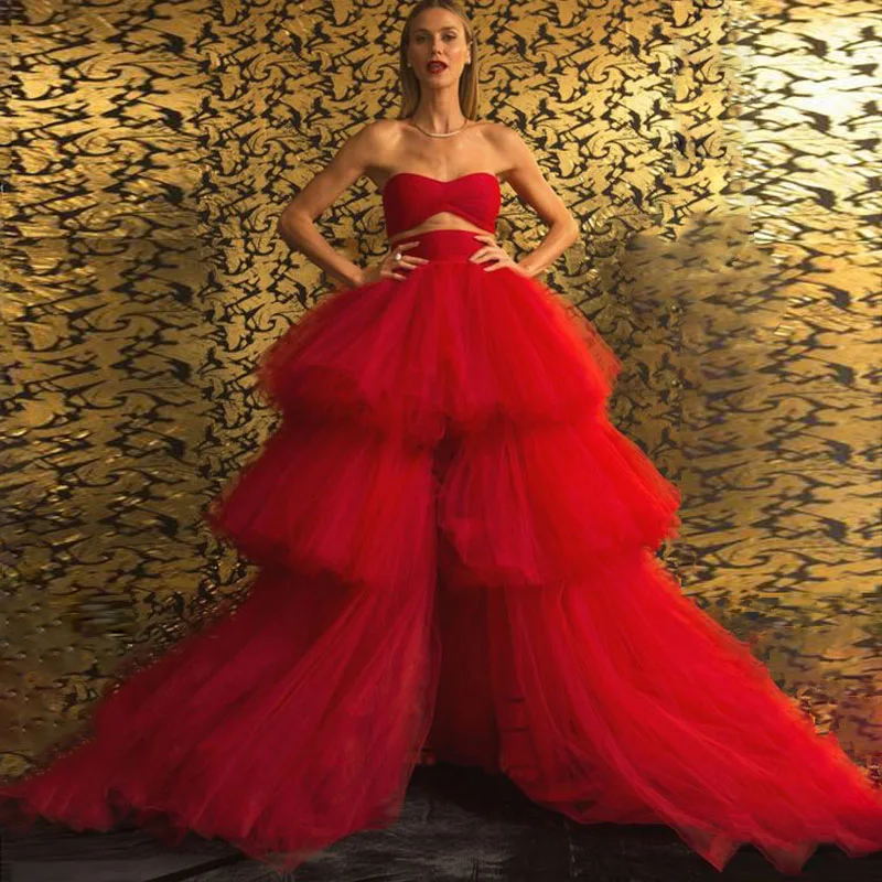 

Fluffy Red Tulle Tutu Layered Women Skirts High Split Ball Gown Tiered Ruffles Prom Skirt Long Sweep Train Evening Party Skirt