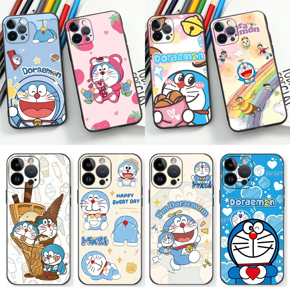 만화 도라에몽 휴대폰 케이스, 아이폰 15 14 프로 맥스 11 12 13 프로 맥스 미니 XS X XR 7 8 14 15 플러스 SE 2020 블랙 실리콘 커버 