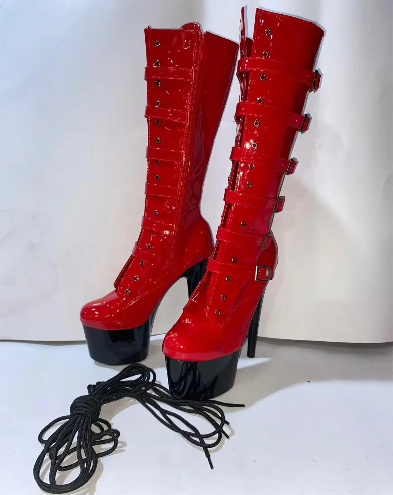 20 cm high heel boots, sexy buckle, black paint platform boots, club fashion women high dance shoes