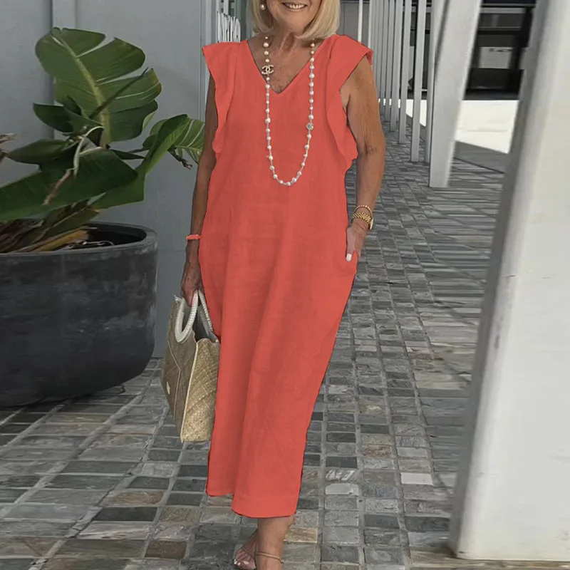 

Женское Повседневное платье из хлопка и льна, Элегантное Длинное Платье с V-образным вырезом и открытой спиной, пикантные свободные пляжные платья с рукавами-фонариками