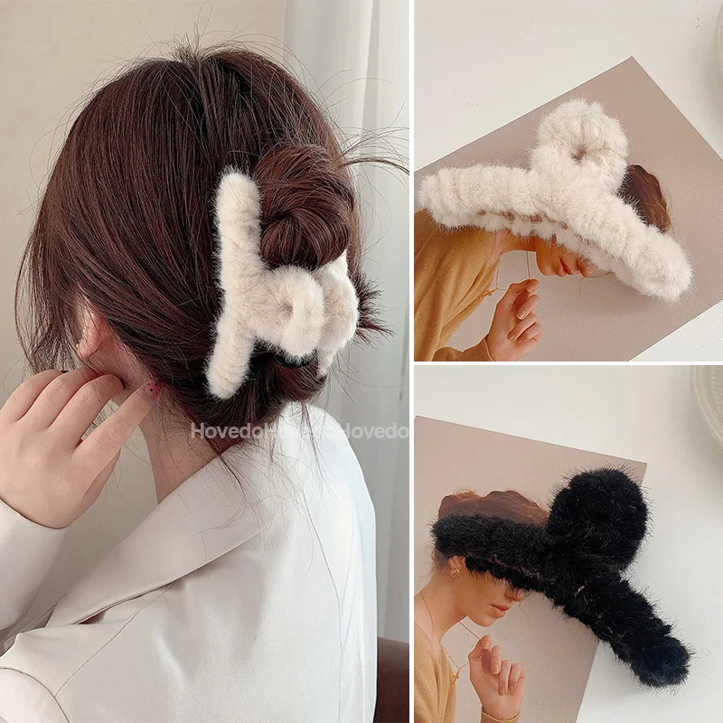 Spring Winter Faux Fur Hair Claw Elegant Acrylic Hairpins Plush Hair Clip Barrette Crab Headwear for Women Girl Hair Accessories