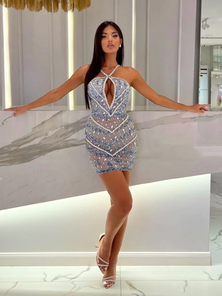 Summer Beaded Sequin Bodycon Mini Dress with Keyhole Neckline and  Criss-Cross Straps  Sexy Halter Evening Dress for Women - AliExpress  200000345