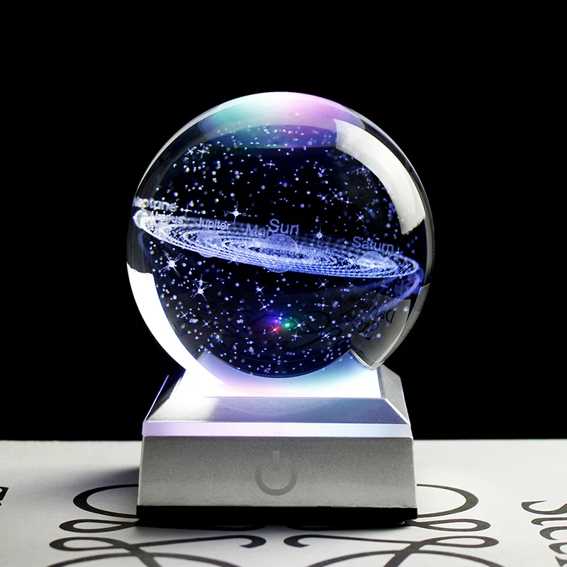 3.15 inch Glass Planet Balls Photography with Wooden Stand LONGWIN Solar System Model Crystal Ball 3D Clear 80mm 