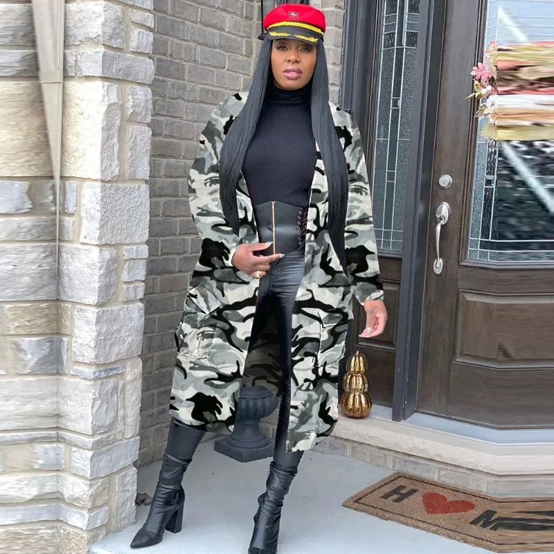 Camouflage Printed Mid Length Trench Coat Coat for Woman 2023 Autumn Turndown Collar Long Sleeve Pocket Cardigan Tops Streetwear