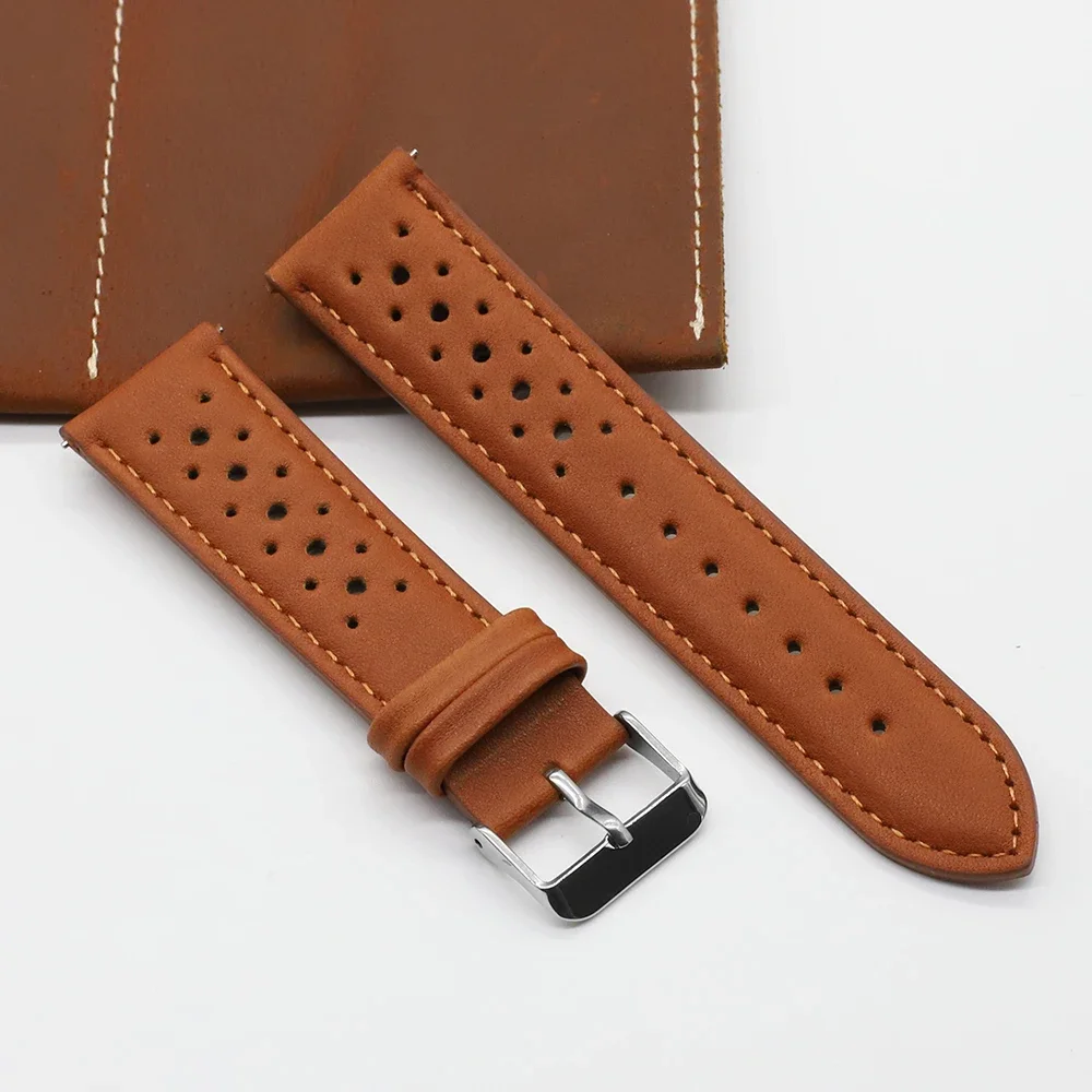 Vintage Handmade Racing Leather Watch Strap - Breathable Porous Design in Gray, Black, Brown, and Blue