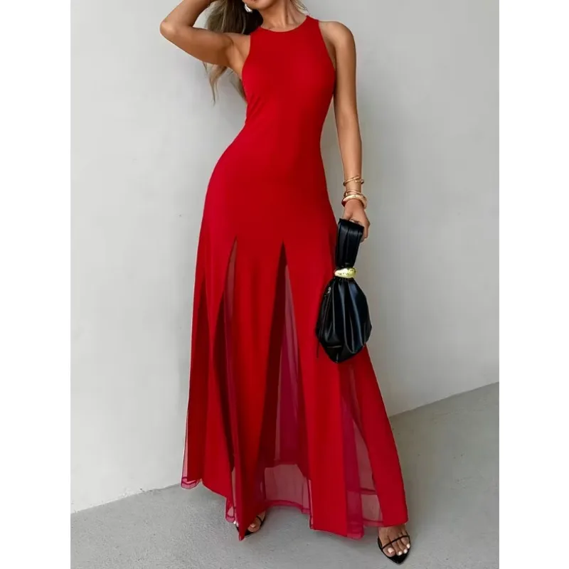 European American cross-border trade women clothing elegant stylish beach summer sleeveles dress see-through slit hem long dress