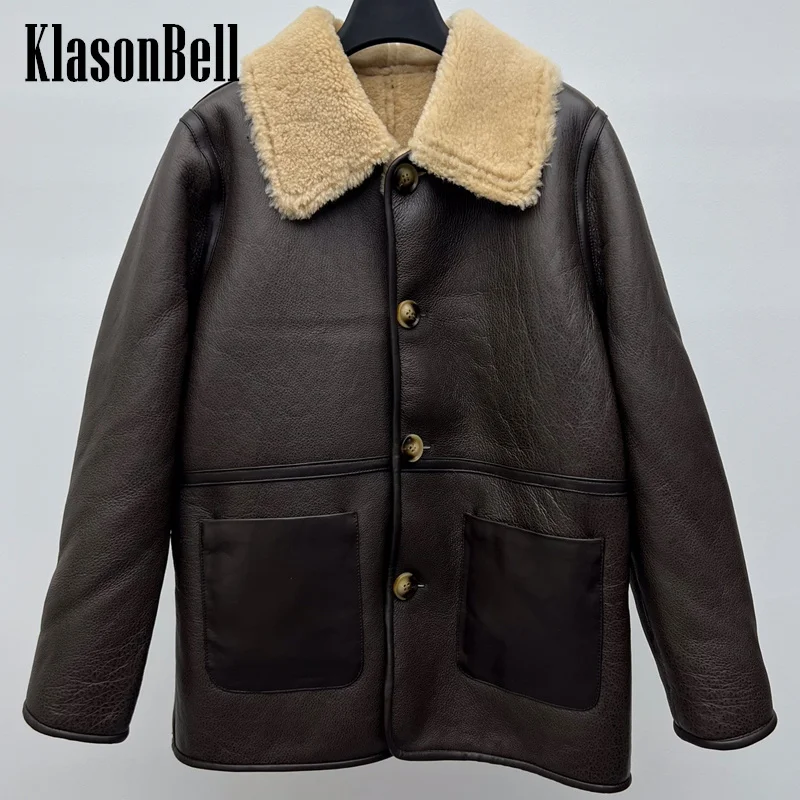 

11.20 KlasonBell Casual Fashion Double-Sided Wear Lapel Single Breasted Loose Double-faced Fur Genuine Leather Jacket Women