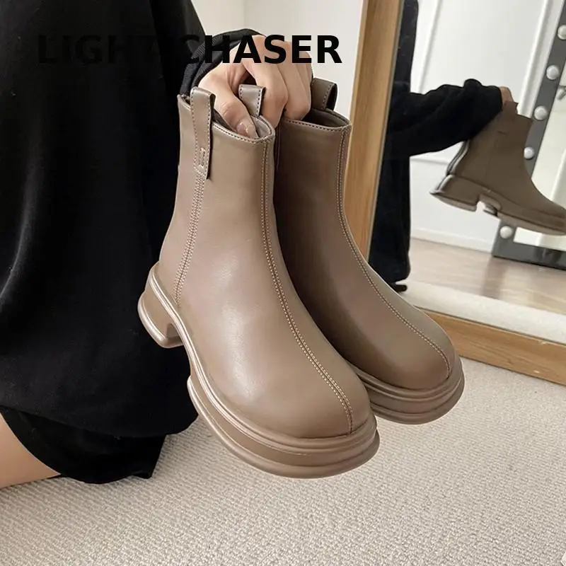 

2023 New Platform Shoes Women Boots Round Toe Zipper Spring Autumn Fashion Ankle Female Botines De Mujer Chelsea Boots