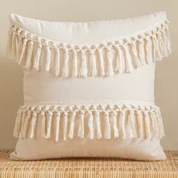 Neutral Boho Decorative Throw Pillow Covers with Tassels - Modern Farmhouse Style, 20x20 Inch - 45x45cm 1pcs cover (Tassel fringed)