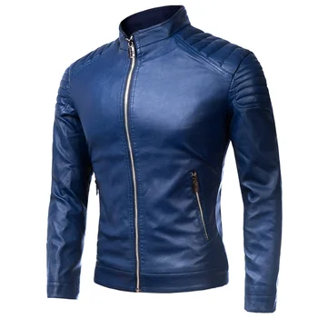 Giacca da uomo in pelle PU autunno uomo colletto alla coreana giacca in pelle da motociclista giacca a vento casual abbigliamento da uomo alla moda cappotto blu nero 1