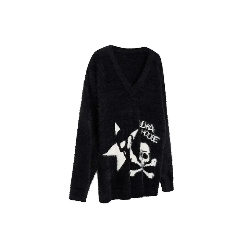 V-neck Black Gothic Sweater Streetwear Retro Punk Skeleton Loose