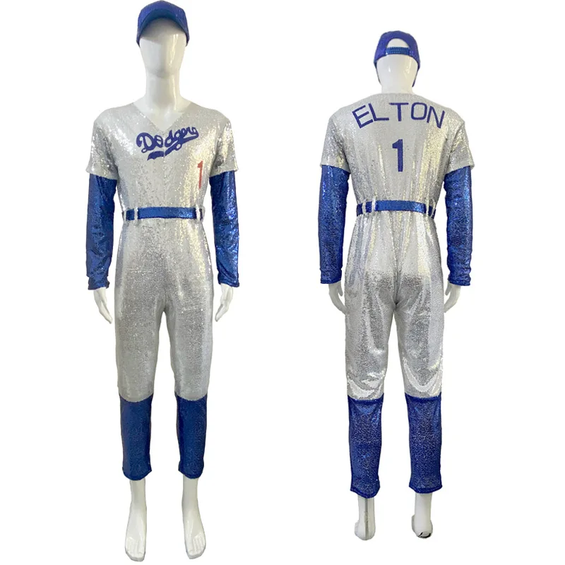 

Rocketman Cosplay Elton John Dodgers Costume Uniform Cap Jumpsuit Men Halloween Party Outfits