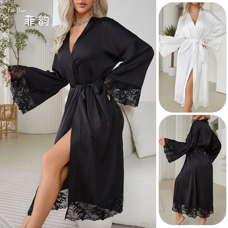 Long Birde Wedding Robe Dress White Kimono Lady Loose Sleepwear Sexy Lace Sleeve Bathrobe Nightwear Rayon Peignoirs