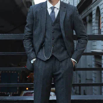 Abito a tre pezzi slim fit a spina di pesce in tweed di lana stile Peaky Blinders da uomo retrò britannico Yuppie