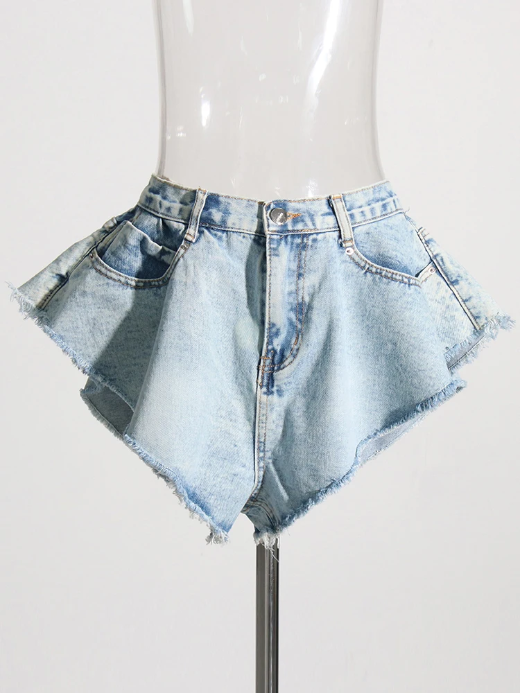 KBQ Irregular Denim Short Pants For Women High Waist Spliced Pockets Casual Colorblock Wide Leg Pants Female Fashion Summer New