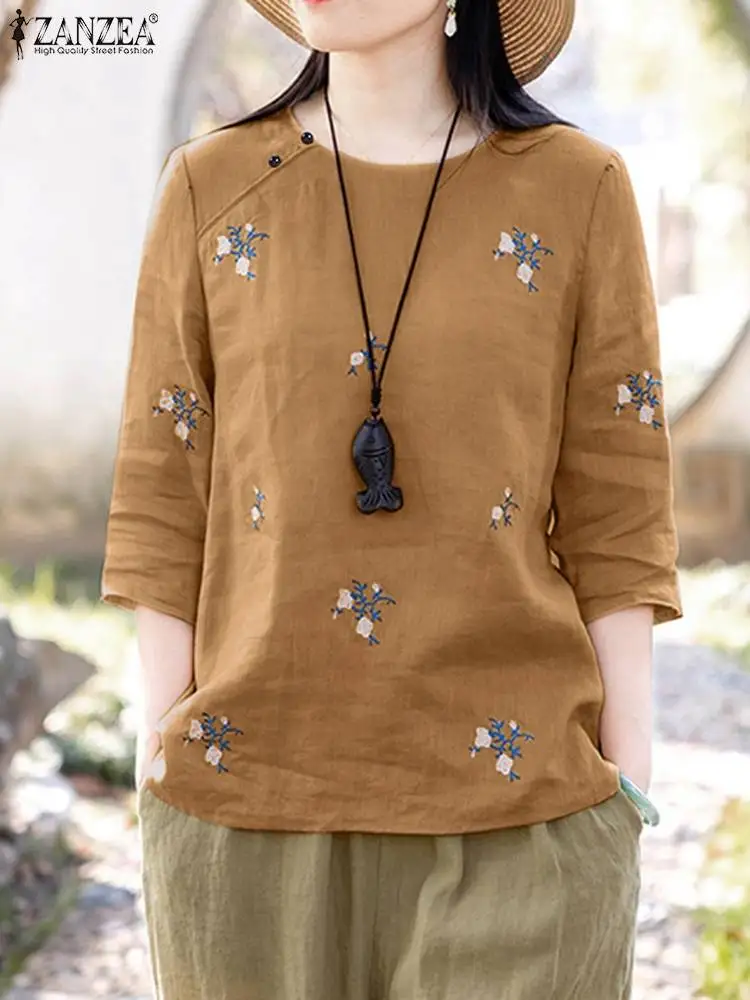 

Women O Neck 3/4 Sleeve Tunic Tops Oversize Vintage Summer Floral Embroidery Blouse Casual Shirt ZANZEA 2023 Loose Blusas Mujer