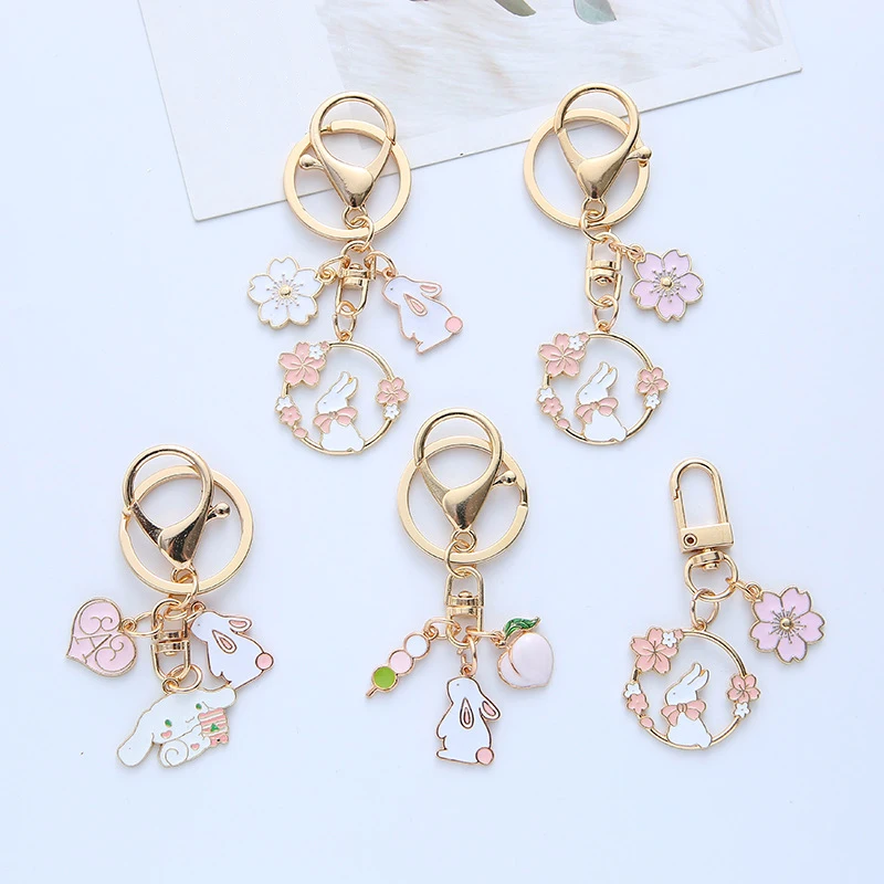 Pink Rabbit Flower Metal Keychain Jewelry Pendant Ornament Charm Alloy Key Chain for Women Girl Gift Accessories