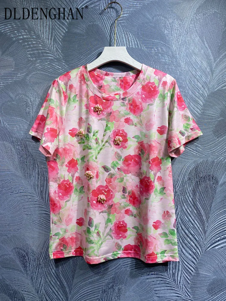 

DLDENGHAN Spring Summer Tees Women O-Neck Short Sleeve Beading Red Rose Flowers Print Casual T-shirt Fashion Runway New