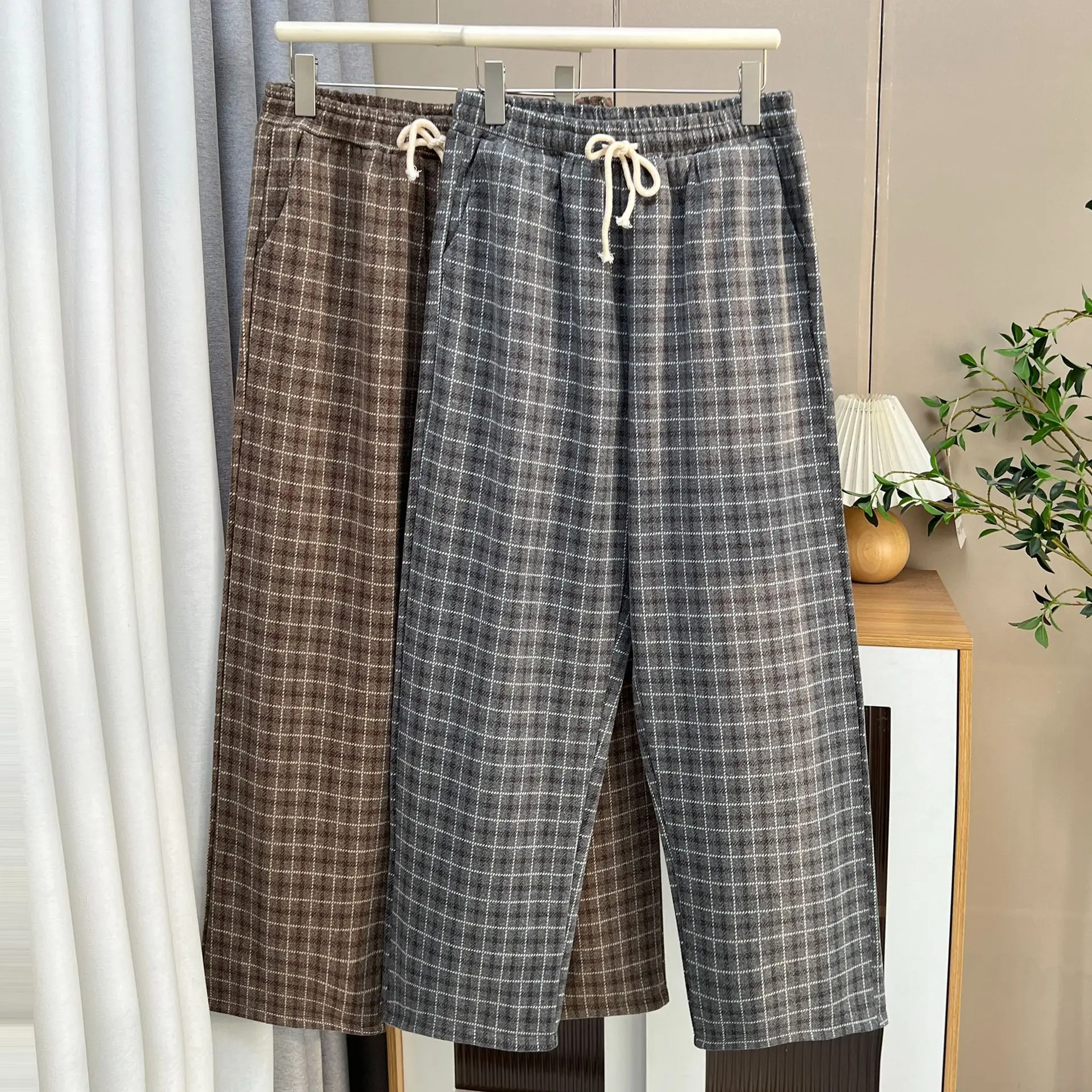 XXXXXL Fashion Plus Size Women's Straight Leg Pants Autumn Winter New Stylish Tweed Casual Woolen Plaid Long Trousers 1737