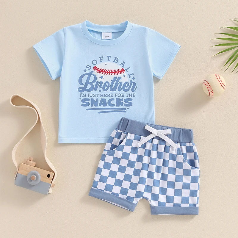 

2024-03-26 Lioraitiin Toddler Baby Boys Clothes Set Short Sleeve Letters Baseball Print T-shirt with Plaid Shorts Summer Outfit