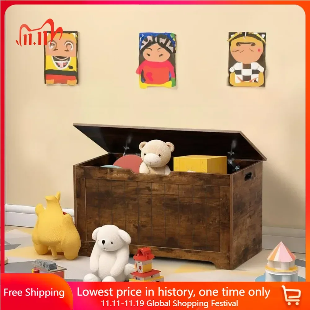 Wooden Storage Chest with Safety Hinges-30-Inch Bedroom and Entryway Storage Bench, Farmhouse Style Wooden Toy Box for Kids