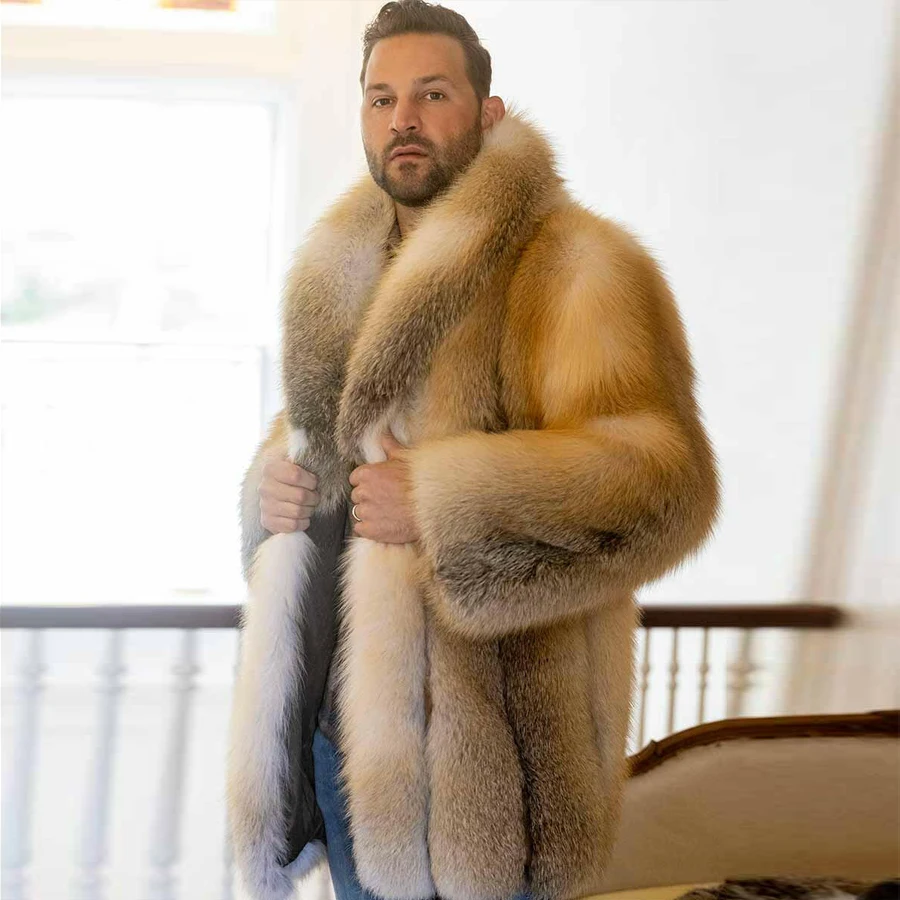 남성용 따뜻한 여우 모피 코트, 긴 모피 코트, 진짜 모피, 겨울 재킷, 골든 아일랜드 여우 모피 재킷, 럭셔리 하이 퀄리티 