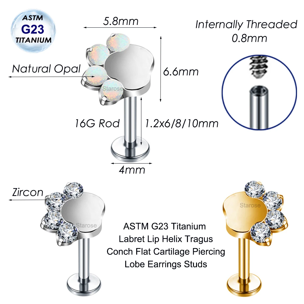 1Pc ASTM F136 Titanium Piercing Opal Zircon Paw Ear