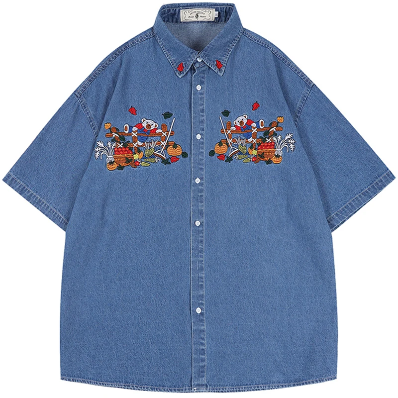 

Men Streetwear Retro Vintage Jean Shirt Flower Embroidery Cotton Summer Casual Harajuku Shirt Short Sleeve Chinese Style 2023