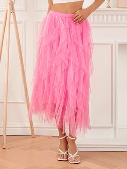 Women Long Skirt Elegant High Waist Irregular Solid Tulle Skirt Summer Skirt for Party 2